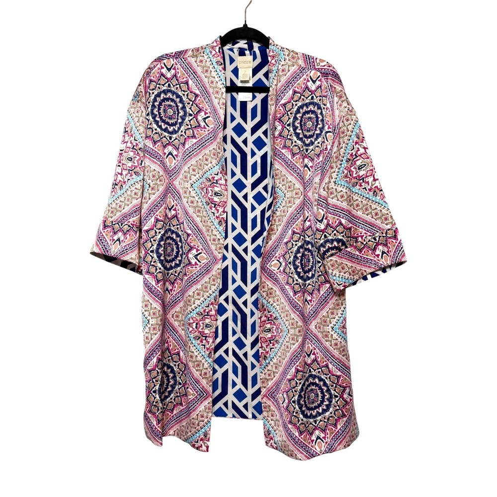 Chico's Pink Purple Blue Geometric Medallion Kimono Jacket